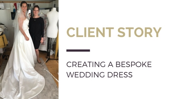 Blog title next to image of women's tailor Dara Ford with a client in her bespoke wedding dress