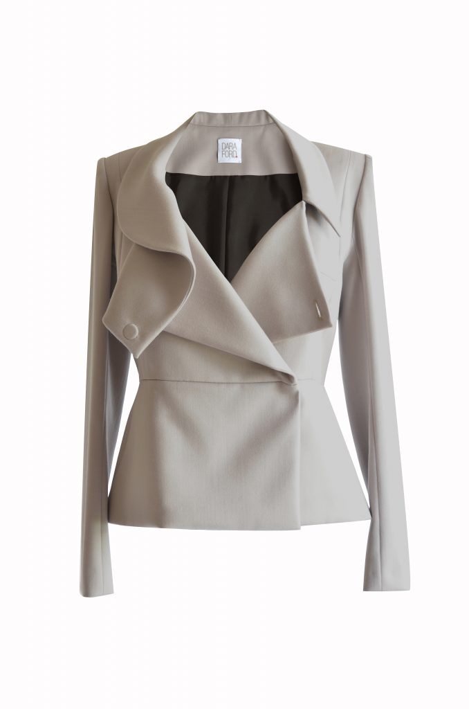 Light grey women's suit jacket with asymmetric draped collar