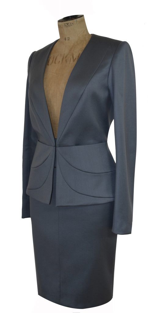 Grey skirt suit on mannequin by Dara Ford