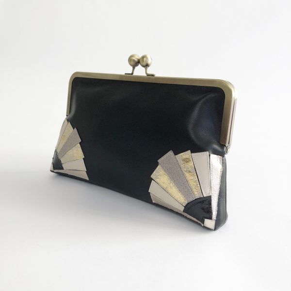 Black clutch bag with Art Deco style fan design