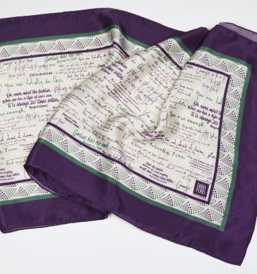 Silk scarf in Suffragette colours printed with inspiring quotes by women in history