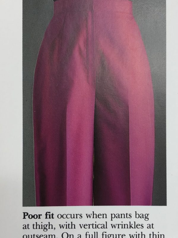image shows pink trousers which dont fit the dressmakers dummy, with an explanation about poor fit for thin thighs