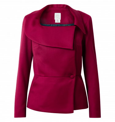 pink wool blazer with asymmetric collar and button closure to one side