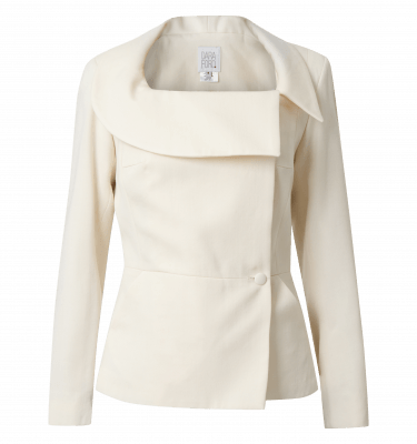 womens blazer with asymmetric collar and button closure to one side
