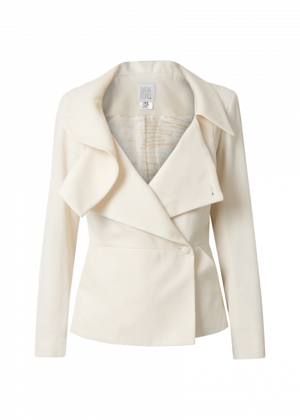 ivory womens wool blazer with asymmetric collar and button closure to one side