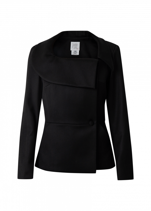 Black womens blazer with asymmetric collar and button closure to one side