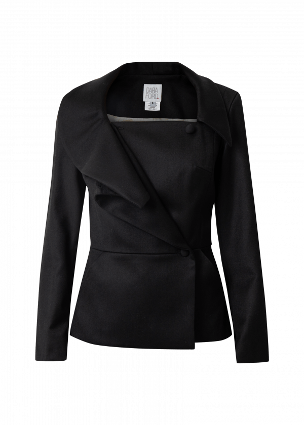 Double breasted black blazer with one half done up and half of the collar falling open