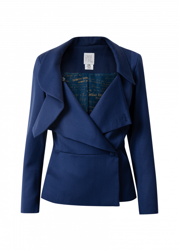 Double breasted navy blazer with printed lining