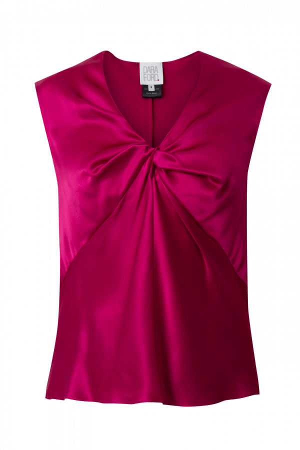 Front view of pink camisole with twisted front drape detail