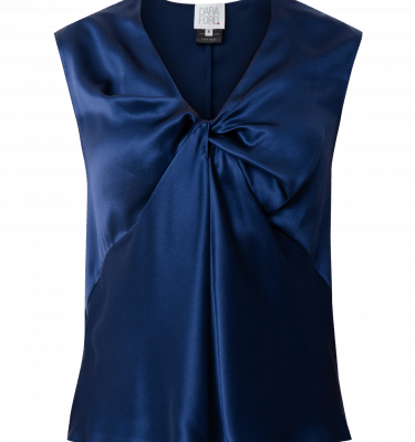 Front view of navy silk draped camisole