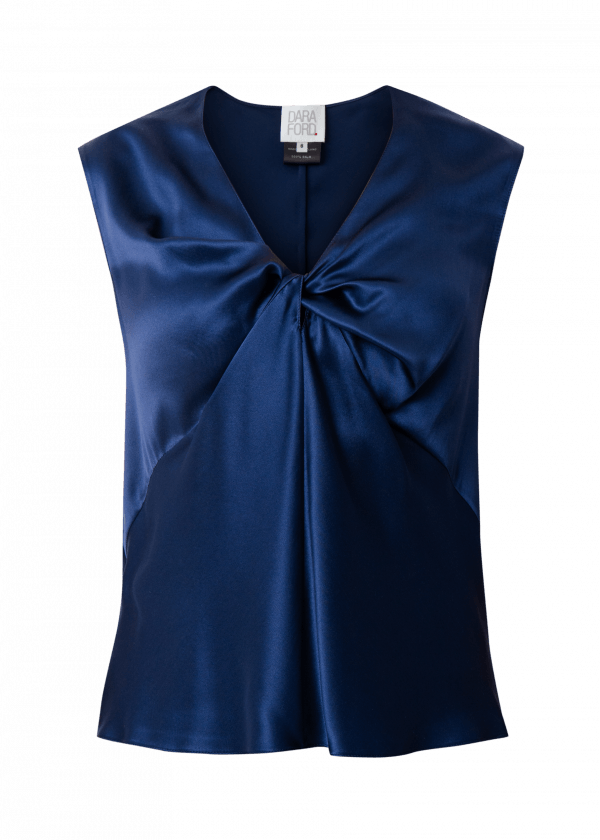 Front view of navy silk draped camisole