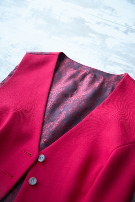 Red tailored waistcoat with a silk paisley lining