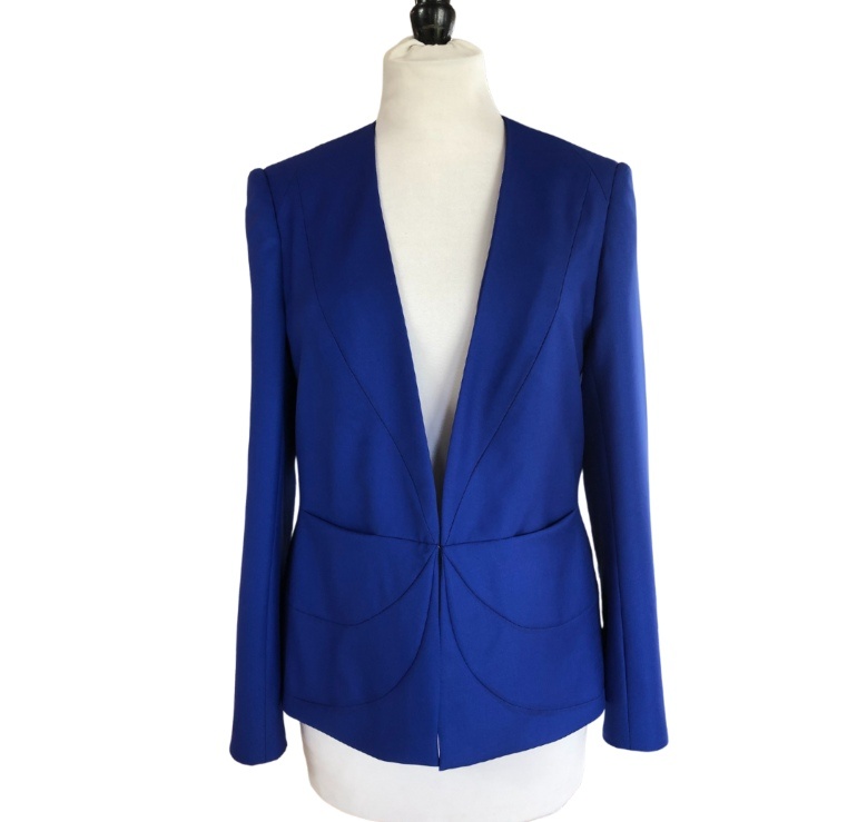 Blue fitted jacket made by London tailor for women