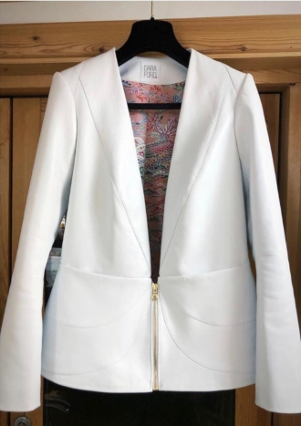 Image showing white jacket with zip fastening and paisley silk lining by London womens tailor
