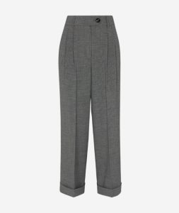 Grey tailored trousers with button fastening front pleats and turn ups to fit tall women
