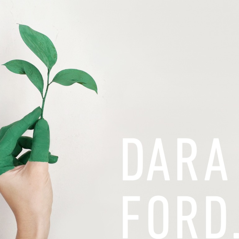 Green washing image example, with a hand holding a leaf, dipped in green paint and the Dara Ford Logo